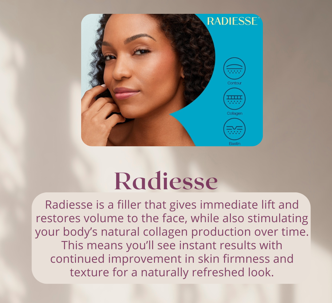 June 2026 special offers
               Radiesse is a filler that gives immediate lift and restores volume to the face, while also stimulating your body’s
               natural collagen production over time. This means you’ll see instant results with continued improvement in skin
               firmness and texture for a naturally refreshed look.